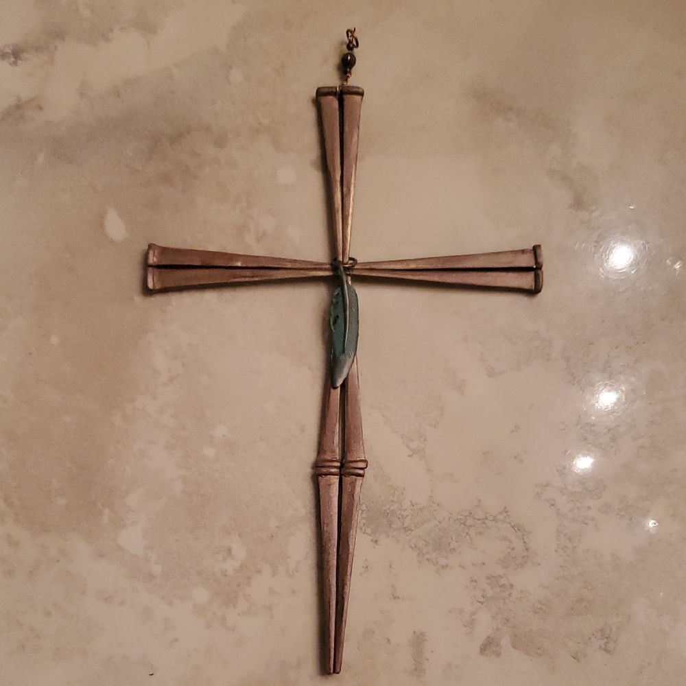 Neiman Marcus Bronze Wall Cross with Teal Feather